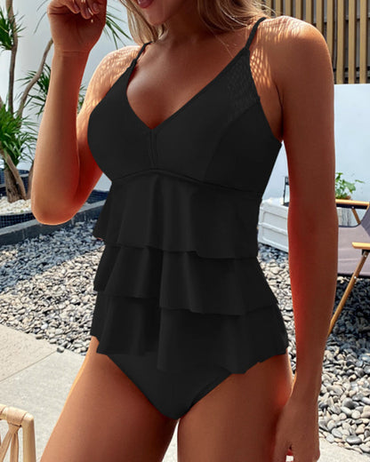 Cornelia™ | Enfärgad tankini med volangdetaljer